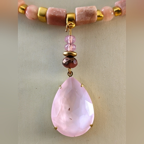 Natural Genuine Pink Opal & Pink Glass in GP Necklace w/ Powder Pink Crystal - Picture 6 of 10